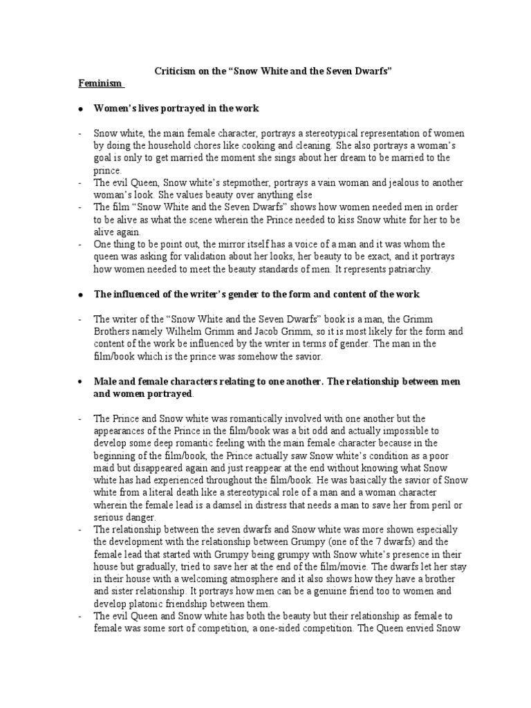 A Critical Analysis of Gender Stereotypes and Roles in Snow White and