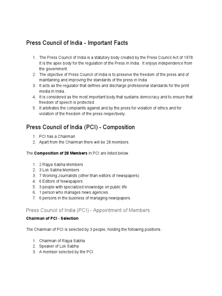 Press Council of India PDF Freedom Of The Press Newspapers