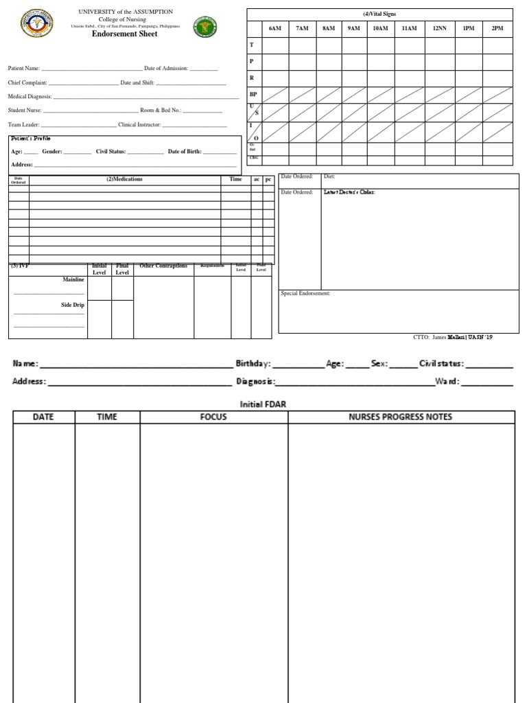 Patient vitals and medication log for end of shift nursing report pdf