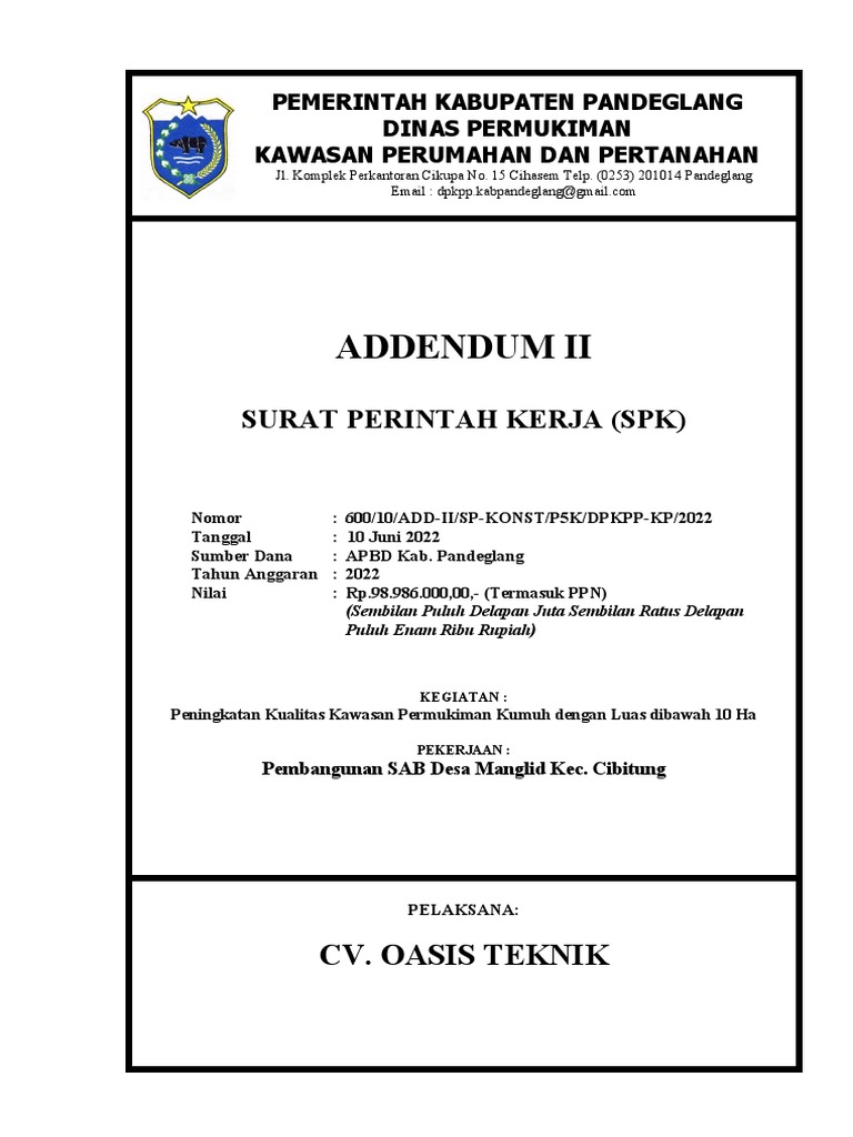 Addendum II SPK Pembangunan SAB Pandeglang | PDF | Bisnis | Pengelolaan ...
