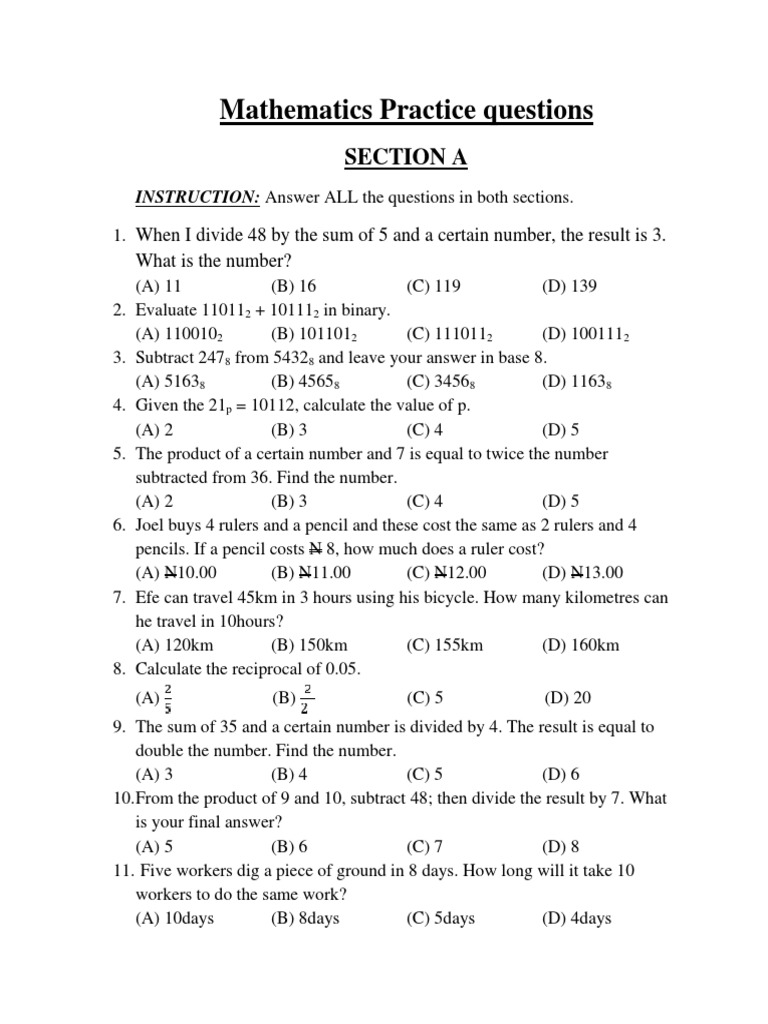Ss1 maths practice questions pdf decimal mathematics