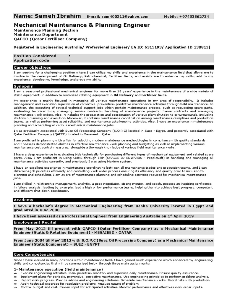 Mechanical Maintenance Engineer Profile | PDF | Pump | Reliability ...