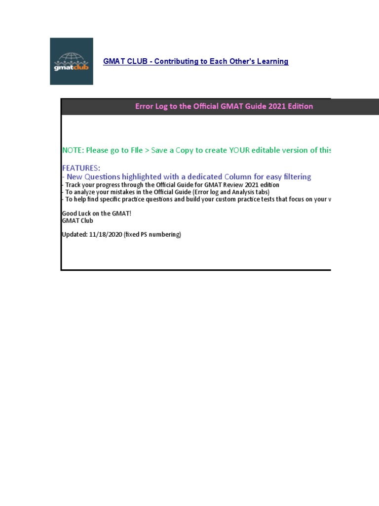 GMAT 2021 Error Log & Analysis Guide | PDF