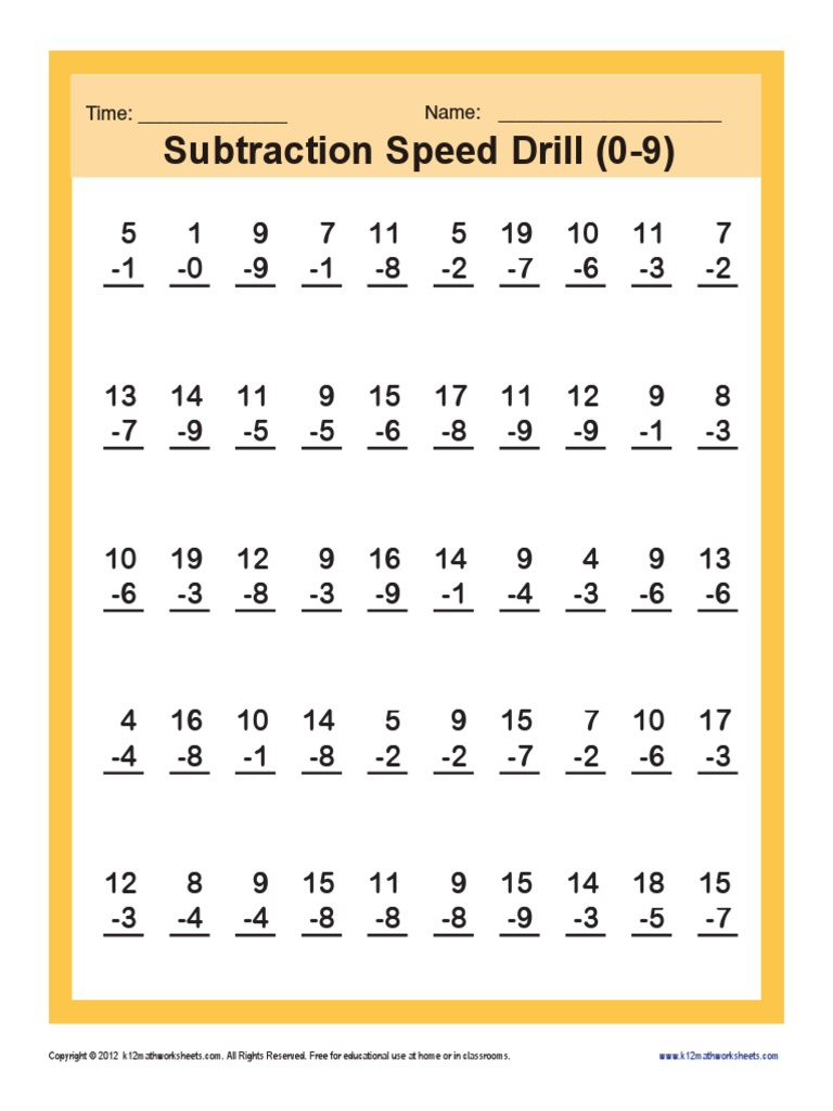 Subtraction Speed Drill 0-9 | PDF