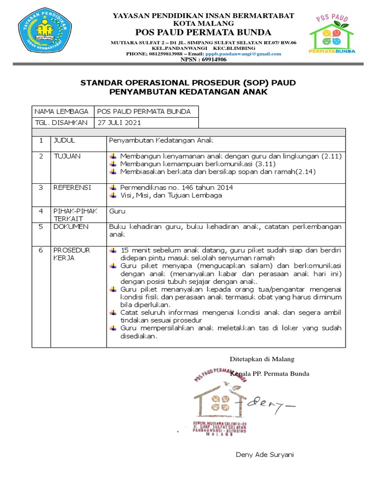 Sop Paud Pembelajaran | PDF