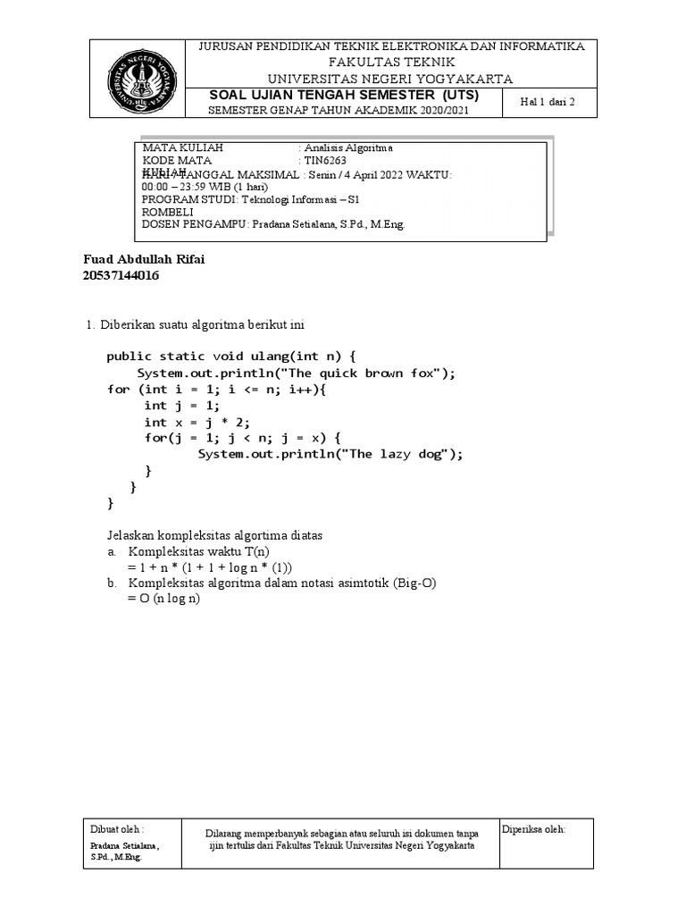 Fuad Abdullah Rifai - 20537144016 - UTS Analisis Algoritma | PDF