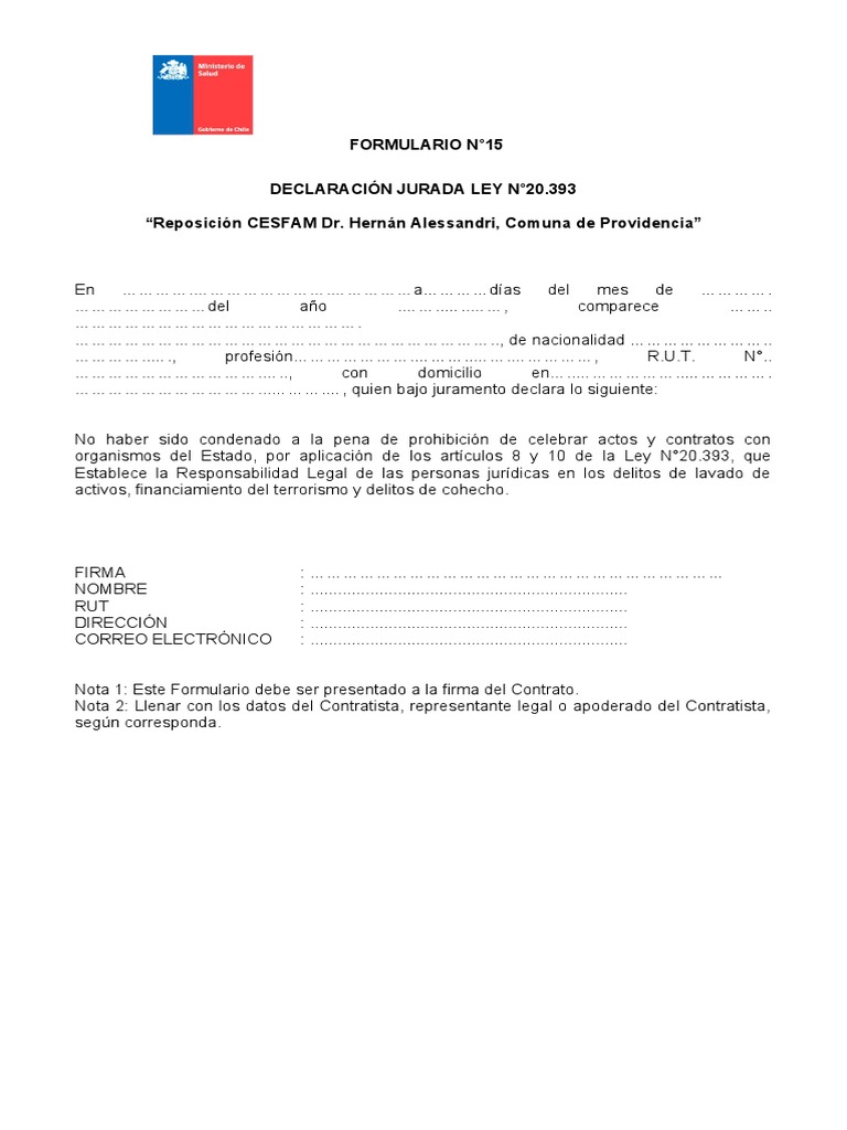 Declaración Jurada Ley N°20.393 | PDF