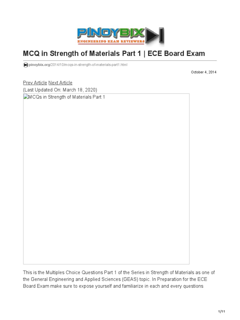 MCQ in Strength of Materials Part 1 ECE Board Exam Download Free PDF
