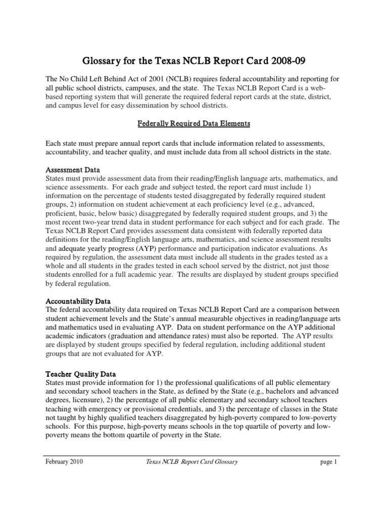 Texas NCLB Report Card Glossary | PDF | Adequate Yearly Progress | No ...
