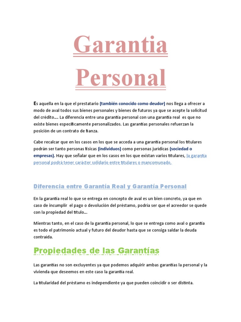 Garantía Personal: Definición y Tipos | PDF | Bienes (Ley) | Garantía