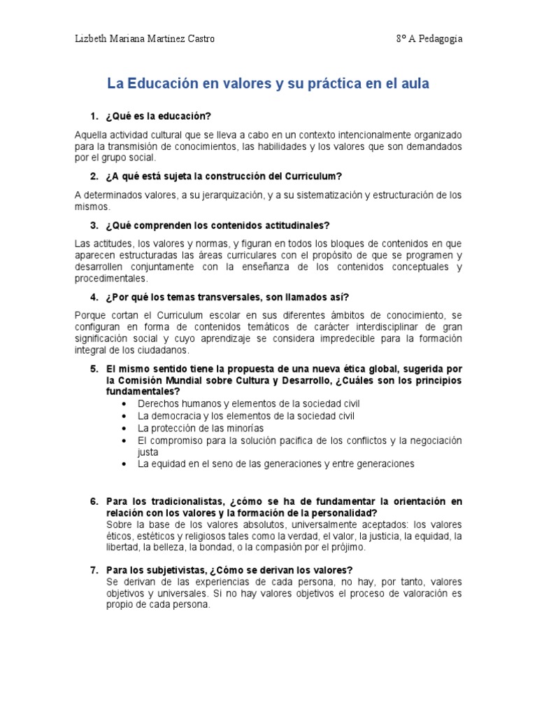 La Educación en Valores y Su Práctica en El Aula | PDF