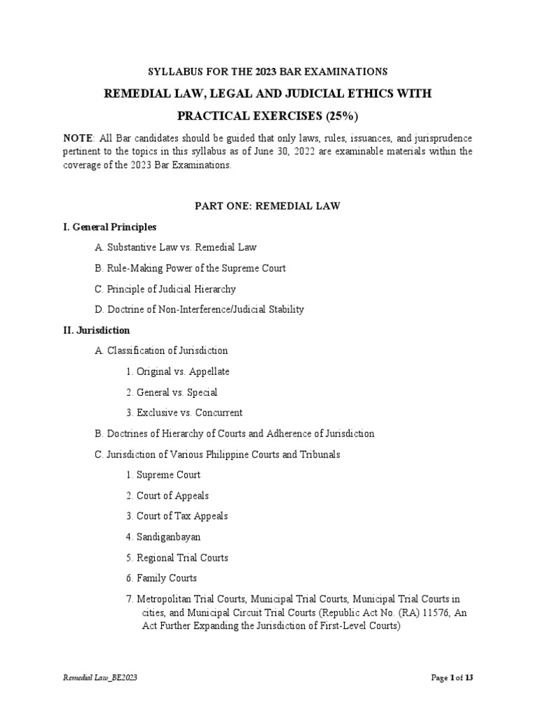 Syllabus For The 2023 Bar Examinations Remedial Law PDF Lawyer