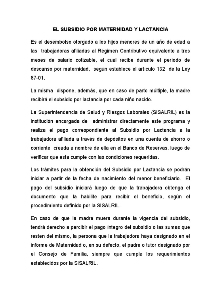 Subsidio de Maternidad y Lactancia RD | PDF | Salario | Amamantamiento