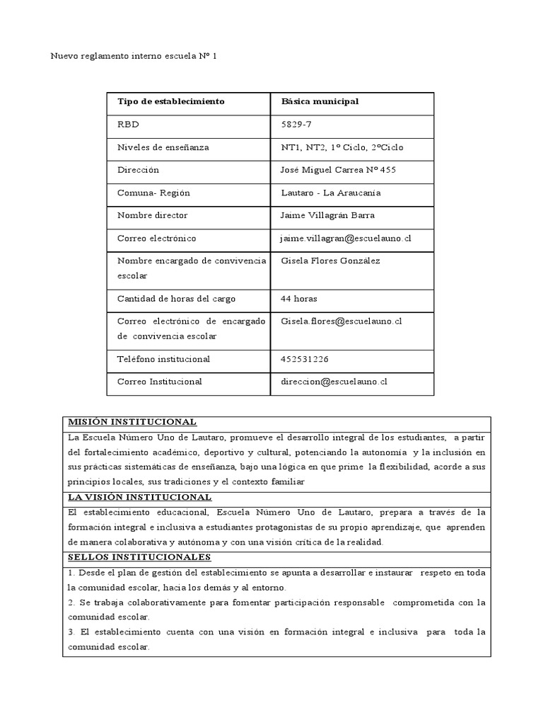 Reglamento Interno Escuela Nº 1 Lautaro | PDF