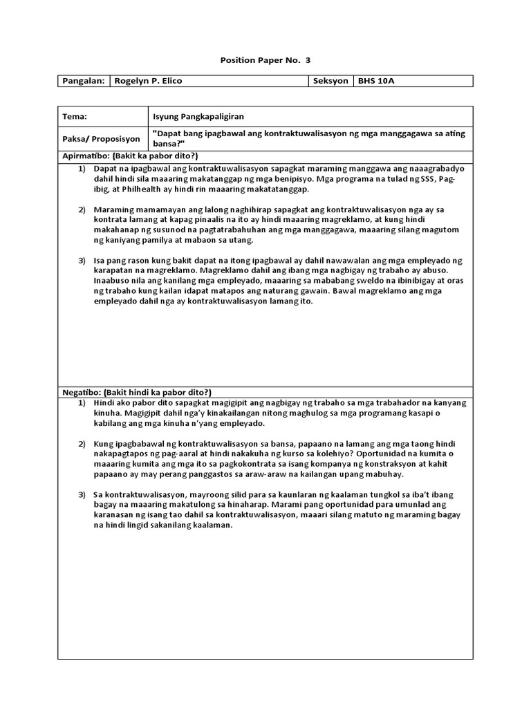Position Paper No. 3 Pangalan: Rogelyn P. Elico Seksyon BHS 10A | PDF