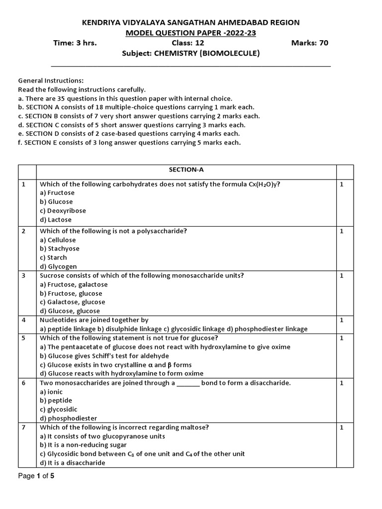 Understanding Biomolecules An Analysis of a Model Question Paper for