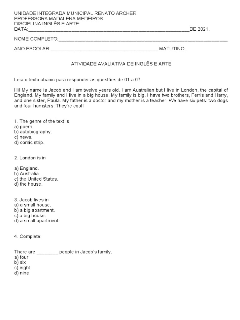 Atividade Avaliativa de Inglês e Arte | PDF