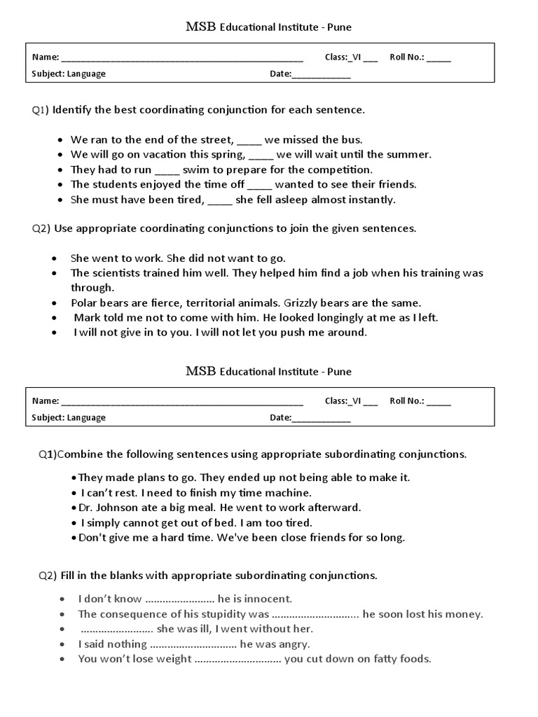 Conjunctions Worksheet 1 PDF