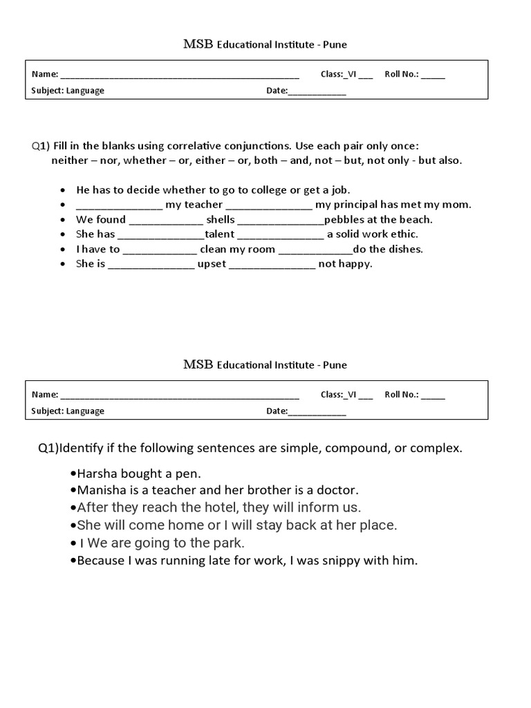 Conjunctions Worksheet 2 PDF Language Mechanics Linguistics