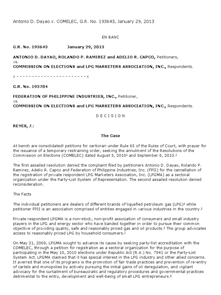 Antonio d dayao v comelec g r no 193643 january 29 2013
