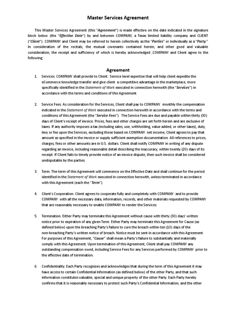 Master Services Agreement | PDF | Indemnity | Confidentiality