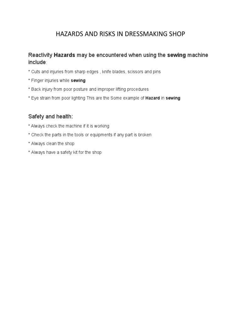 Hazards and Risks in Dressmaking Shop | PDF