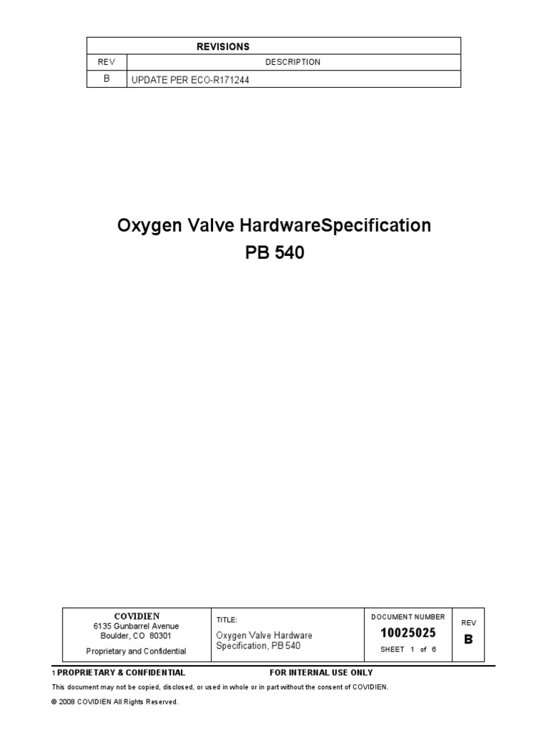 10025025B00 Oxygen Valve Hardware Specification, PB 540 PDF Valve Specification