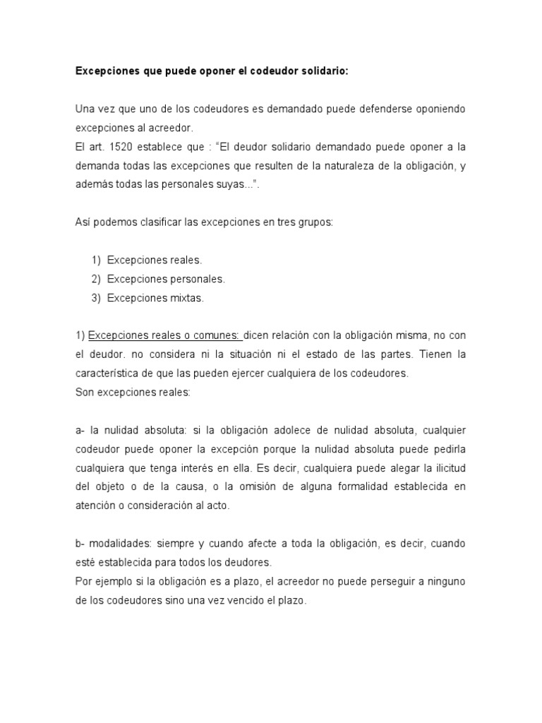 Excepciones Que Puede Oponer El Deudor Solidario | PDF