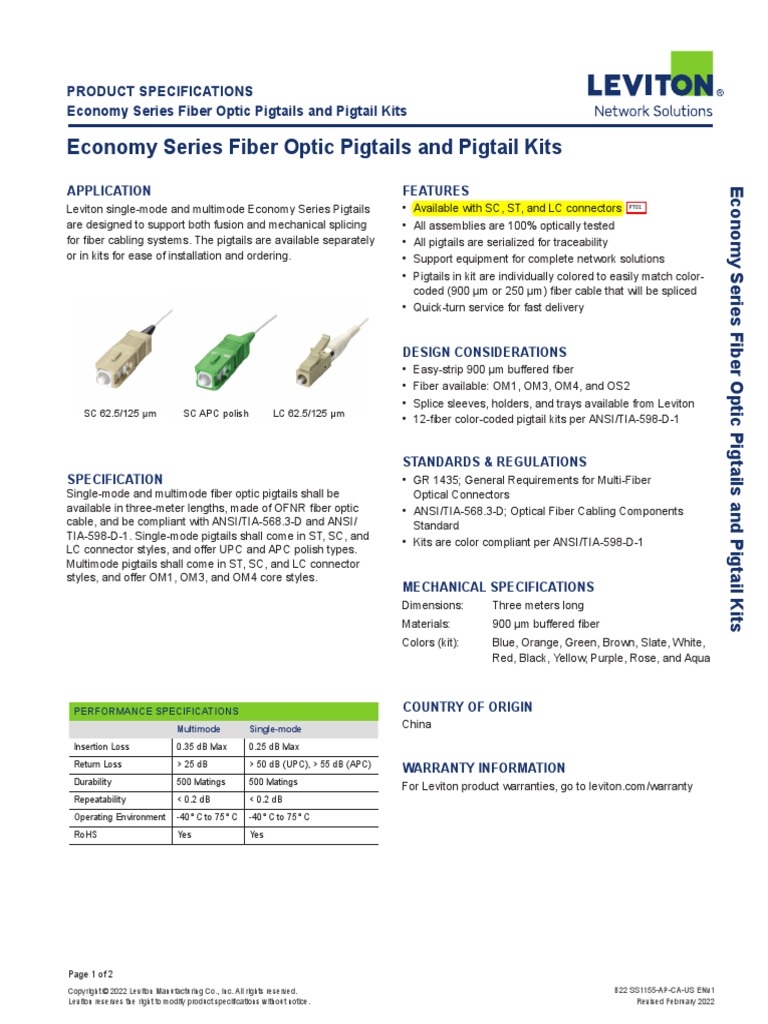 14 Leviton Economy Series Fiber Pigtails and Kits PDF