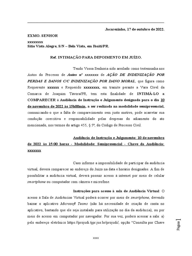 Modelo Carta De Intimação Audiência Intimação Pdf