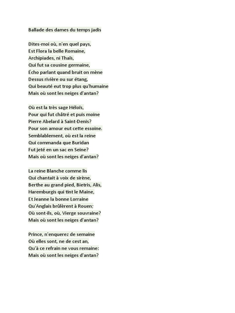 Ballade Des Dames Du Temps Jadis PDF