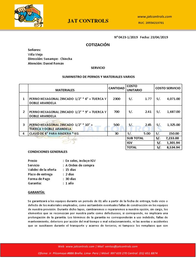 Cotización de Pernos y Materiales Variados | PDF