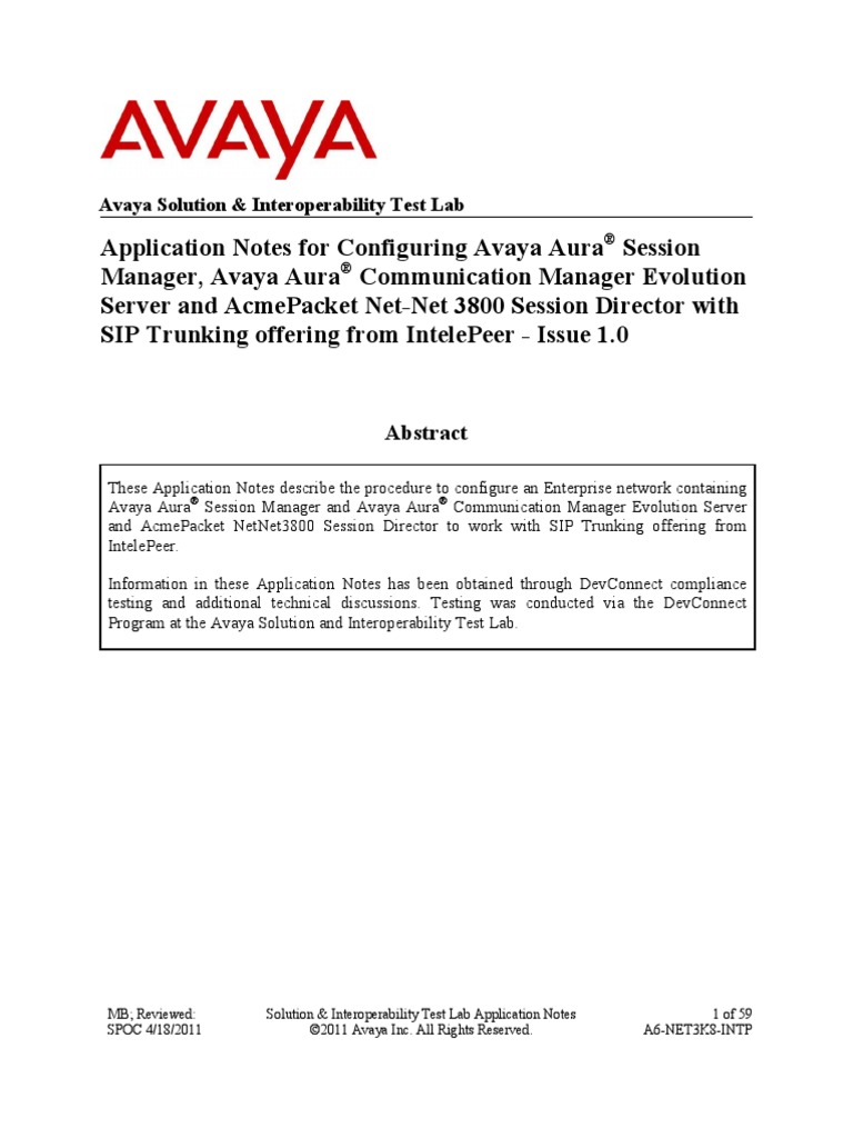 IntelePeer For Avaya SIP Trunking Configuration Guide PDF Session