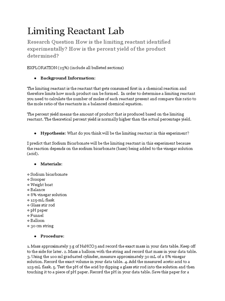 Limiting Reactant Lab | PDF | Sodium Bicarbonate | Chemical Reactions
