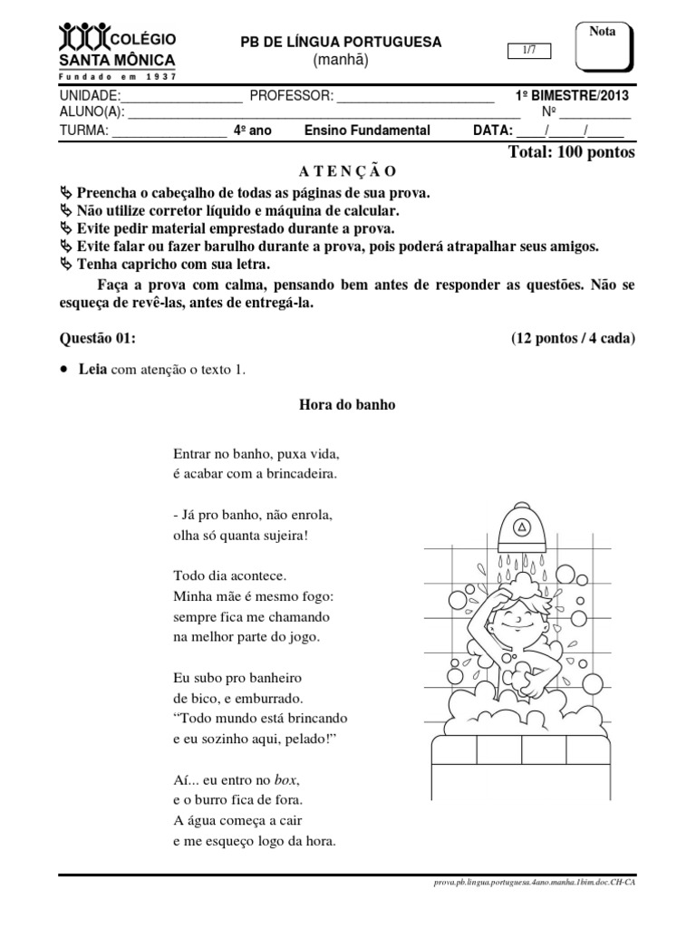 Prova de Língua Portuguesa - 4º Ano | PDF | Linguística