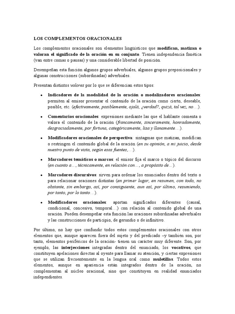 Tipos de complementos oracionales | PDF | Oración (Lingüística ...