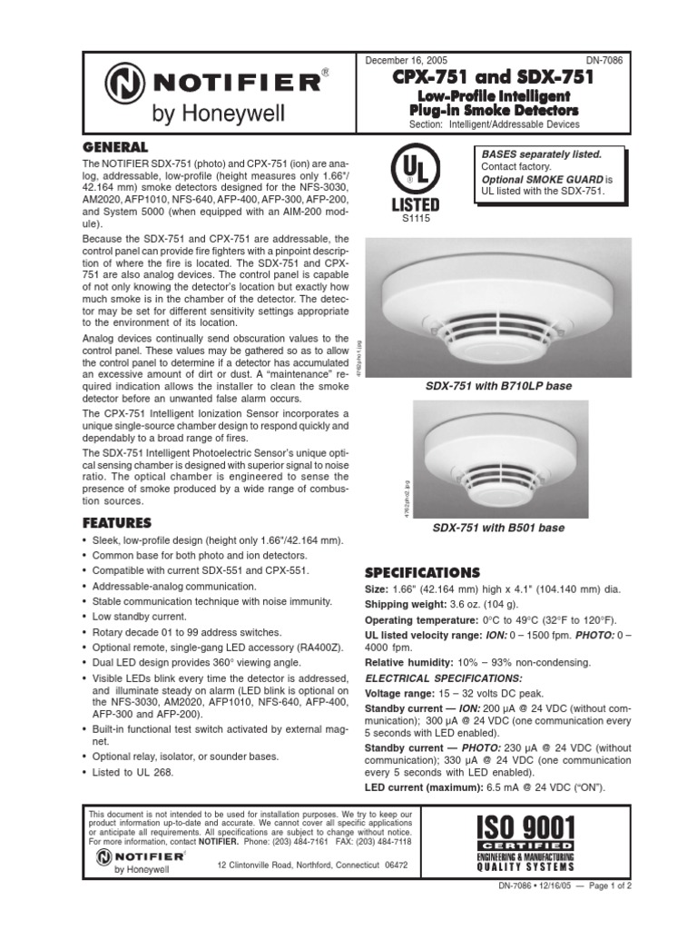 Notifier FSL-751 Detector Specifications | Notifier Detectors