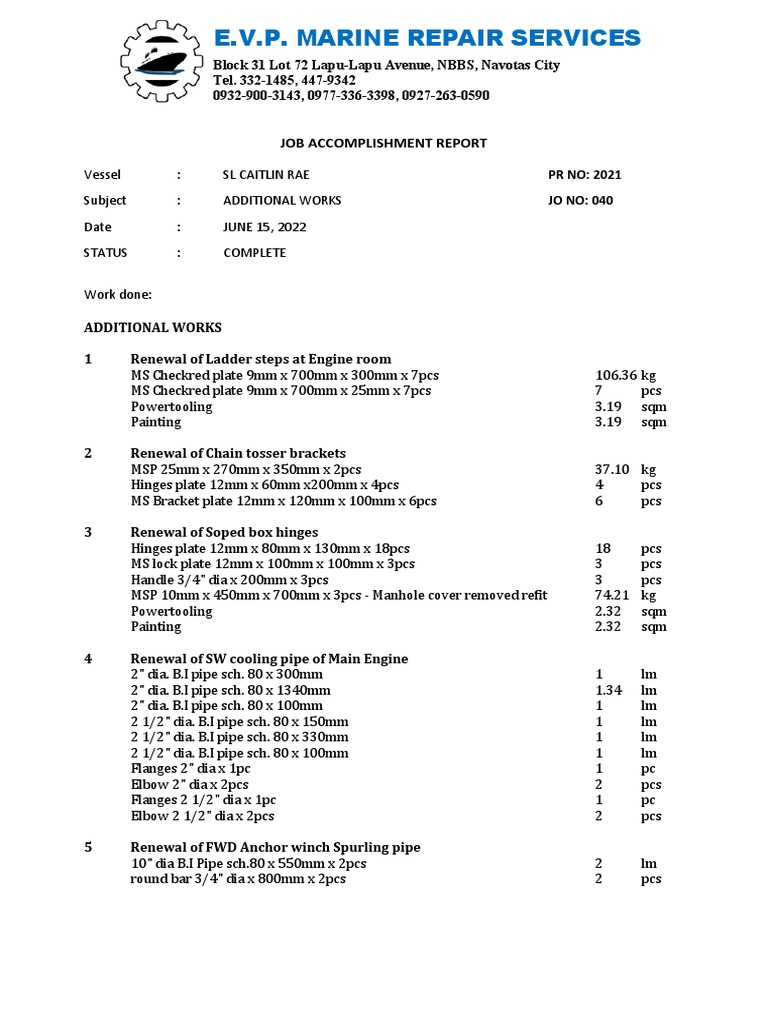 Marine Repair Job Report: SL Caitlin Rae | PDF | Gas Technologies ...