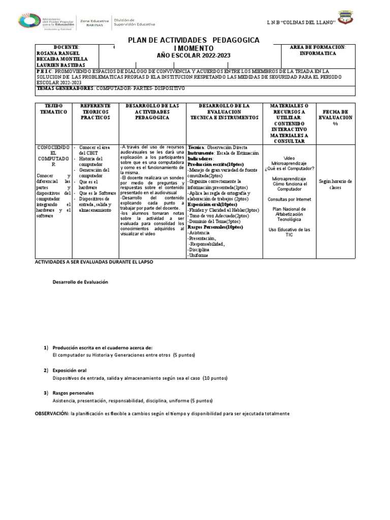 PLANIFICACION AREA INFORMATICA 1er Lapso 2022-2023 | PDF | Hardware de ...