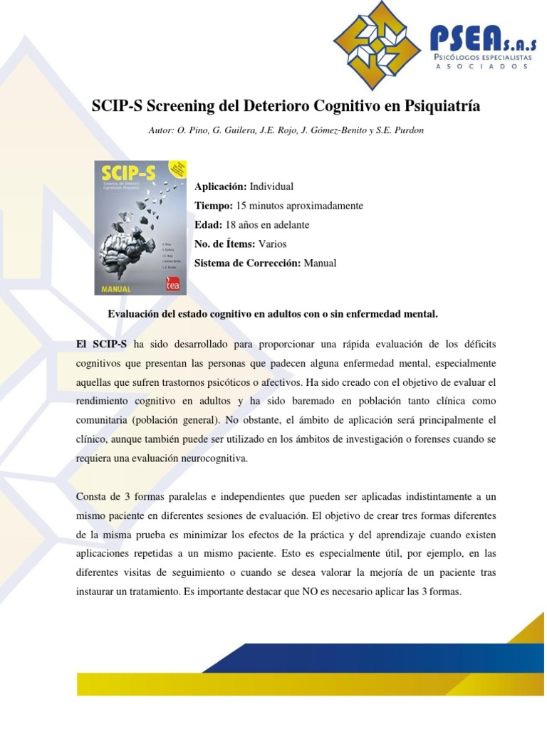 SCIP-S: Evaluación Cognitiva en Psiquiatría | PDF | Trastorno mental ...
