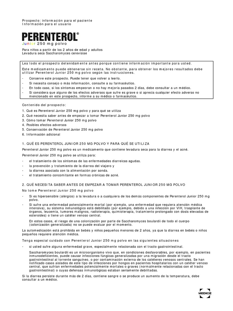Perenterol Junior 250 mg: Uso y Precauciones | PDF | Diarrea | Efecto ...