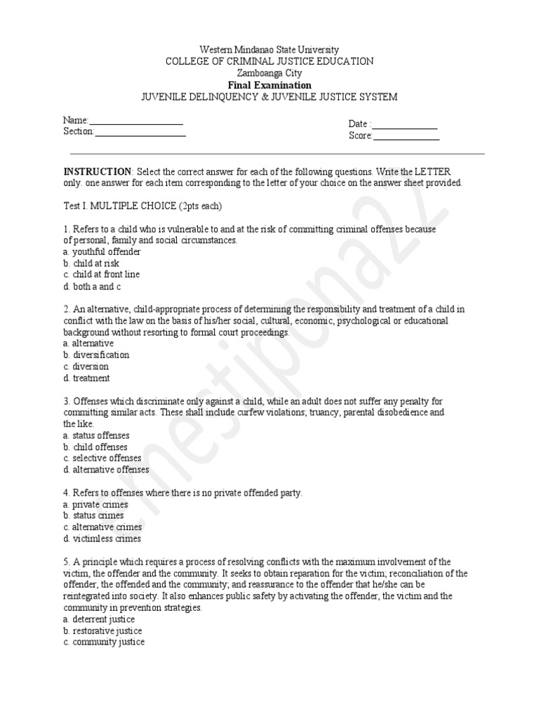 Question Final Exam Juvenile Delinquency JJS PDF