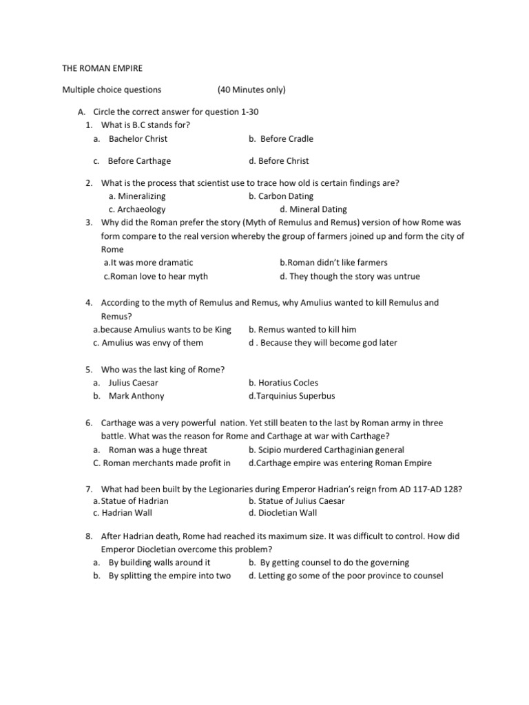year 7 history roman empire exam