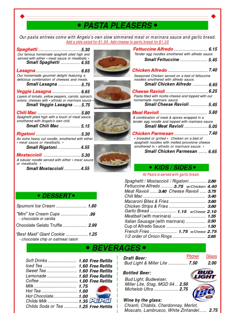 Angelo's Italian Pasta and Specials Menu | PDF | Sausage | French Fries