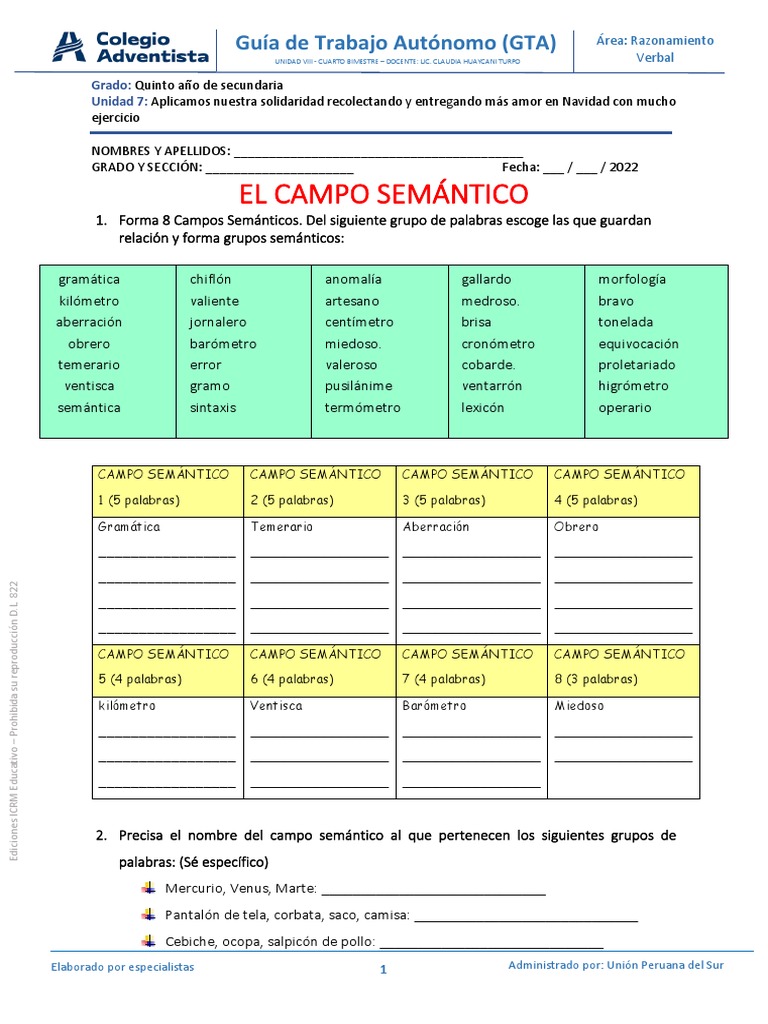 Ejercicios De Campo Sem ntico Para Secundaria PDF