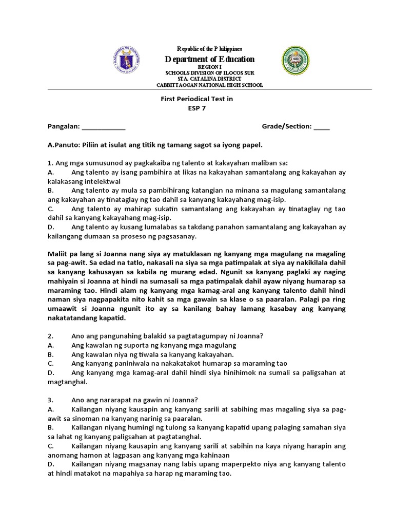 1ST PT in ESP 7 | PDF | Self-Improvement