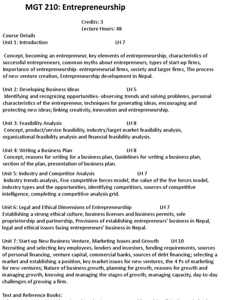 Entrepreneurship Course Overview | PDF | Entrepreneurship | Startup Company