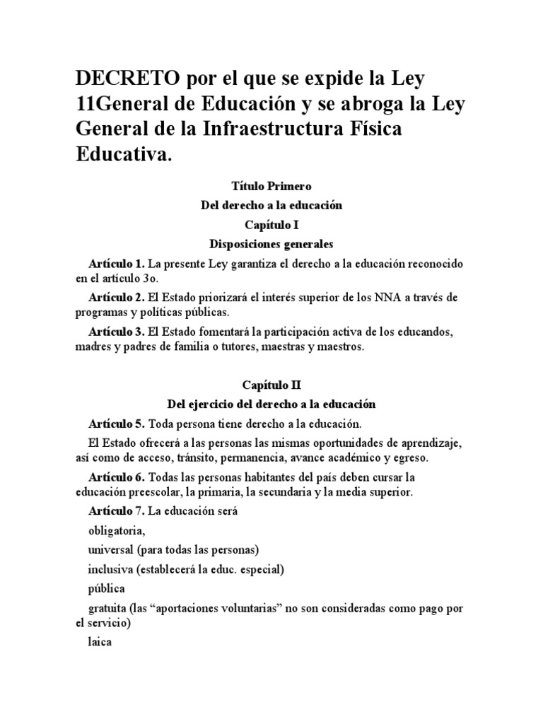 DECRETO Por El Que Se Expide La Ley General de Educación... | PDF ...