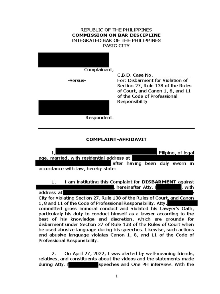 (SAMPLE WORK) ComplaintAffidavit (KYC) (Disbarment) (Kyc) PDF