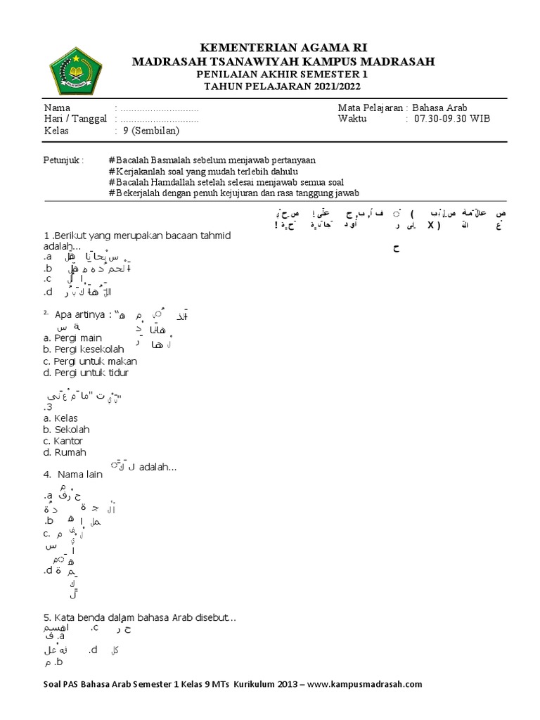 Soal PAS Bahasa Arab Kelas 9 MTs | PDF | Seni & Disiplin Bahasa